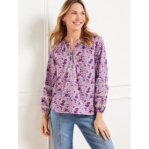 Talbots Tossed Ditsy Embroidered Top Peasant Blouse Purple Pink Floral Cotton M